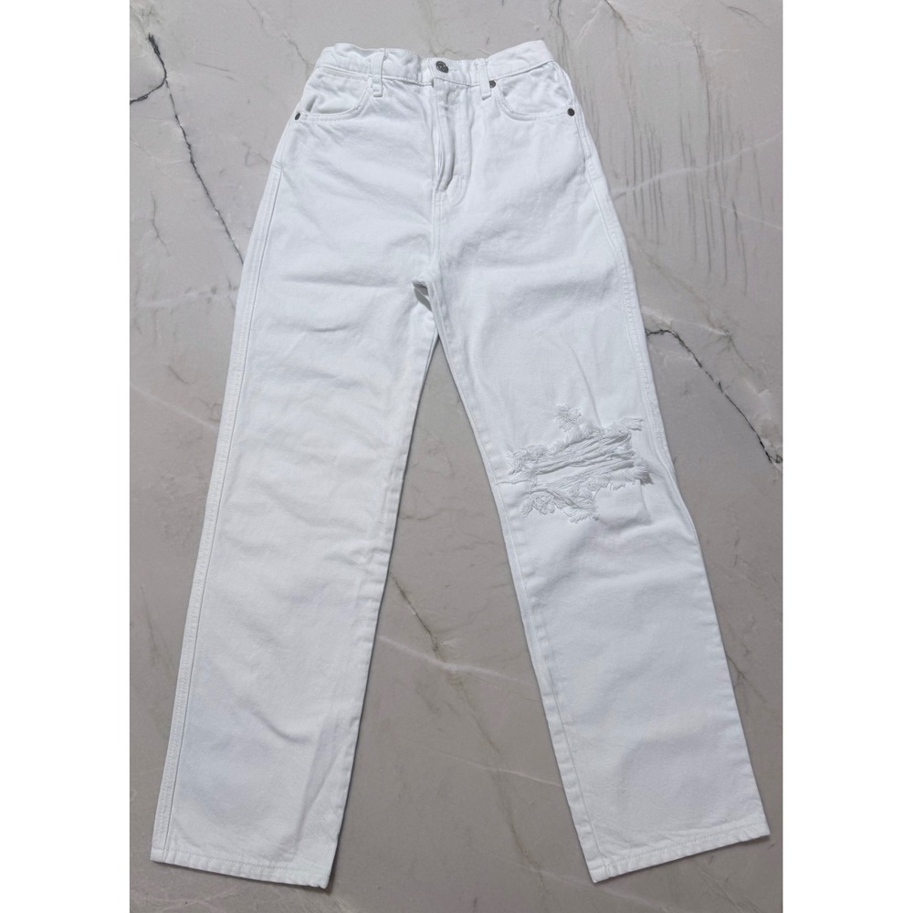 Reformation White High Rise Straight Leg Distressed Knee Jeans Size 25